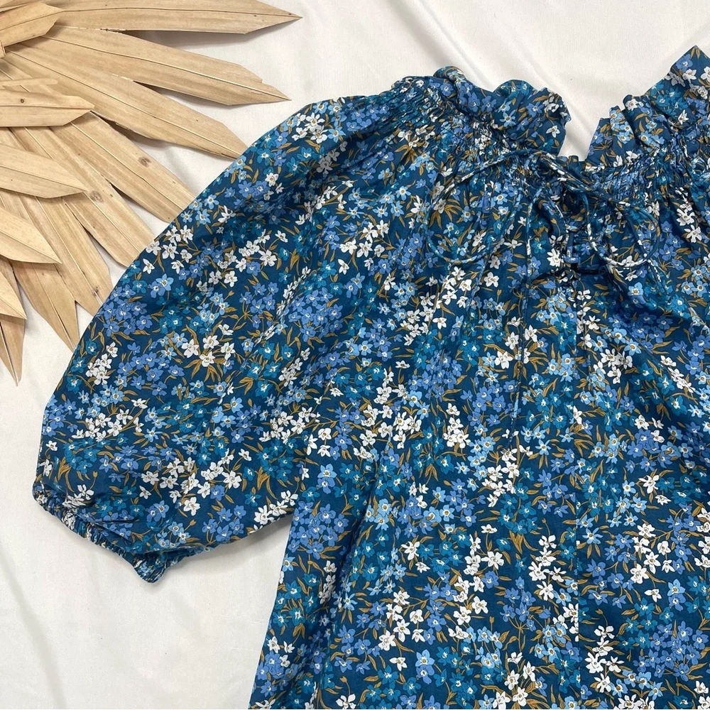 J. Crew Liberty London Floral Smocked Neck Puff Sleeve Sea Blossoms Blouse Top